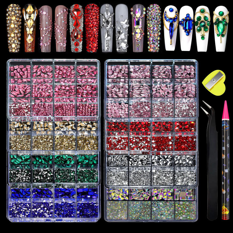 Description Picture 2 of item12 Grid Diamond Jewelry Set for Nail Art Decorations Nail Ab Flat Bottom Drill Nail Art Luxe Nail Shaped Diamond Illusion Color