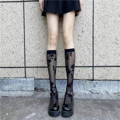 Sexy Lace Leg Stockings Women's Black Rose Embroidery Long Knee High Socks Japanese Lolita Leg Warmers Sweet Girls Kawaii Stocks