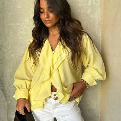 Chic Ruffles Shirts For Women Elegant V-neck Zipper Long Flare Sleeve Loose Blouse Tops 2025 Spring New Female High Street Shirt