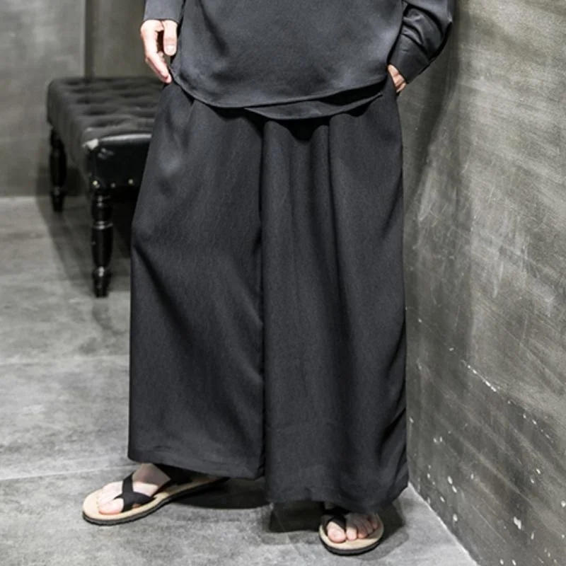 Description Picture 5 of itemChinese Style Men Solid Color Wide Leg Pants Mens Joggers Lace Up Streetwear Casual Trousers Men Summer Vintage Pants