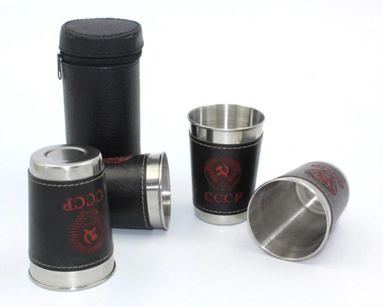 Description Picture 2 of item4pcs Vodka Cup 304 PU Holster Russia Stainless Steel Mini Wine Tumbler Portable Personalized 30ml Shot Glass Set Outdoor Product
