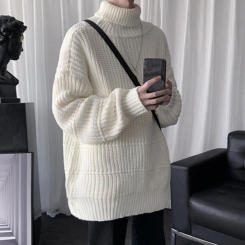 Winter Sweater Cozy Mid-length Men's Sweater Warm Knitted High Collar Elastic Anti-shrink Pullover for Winter/fall Comfort Mid