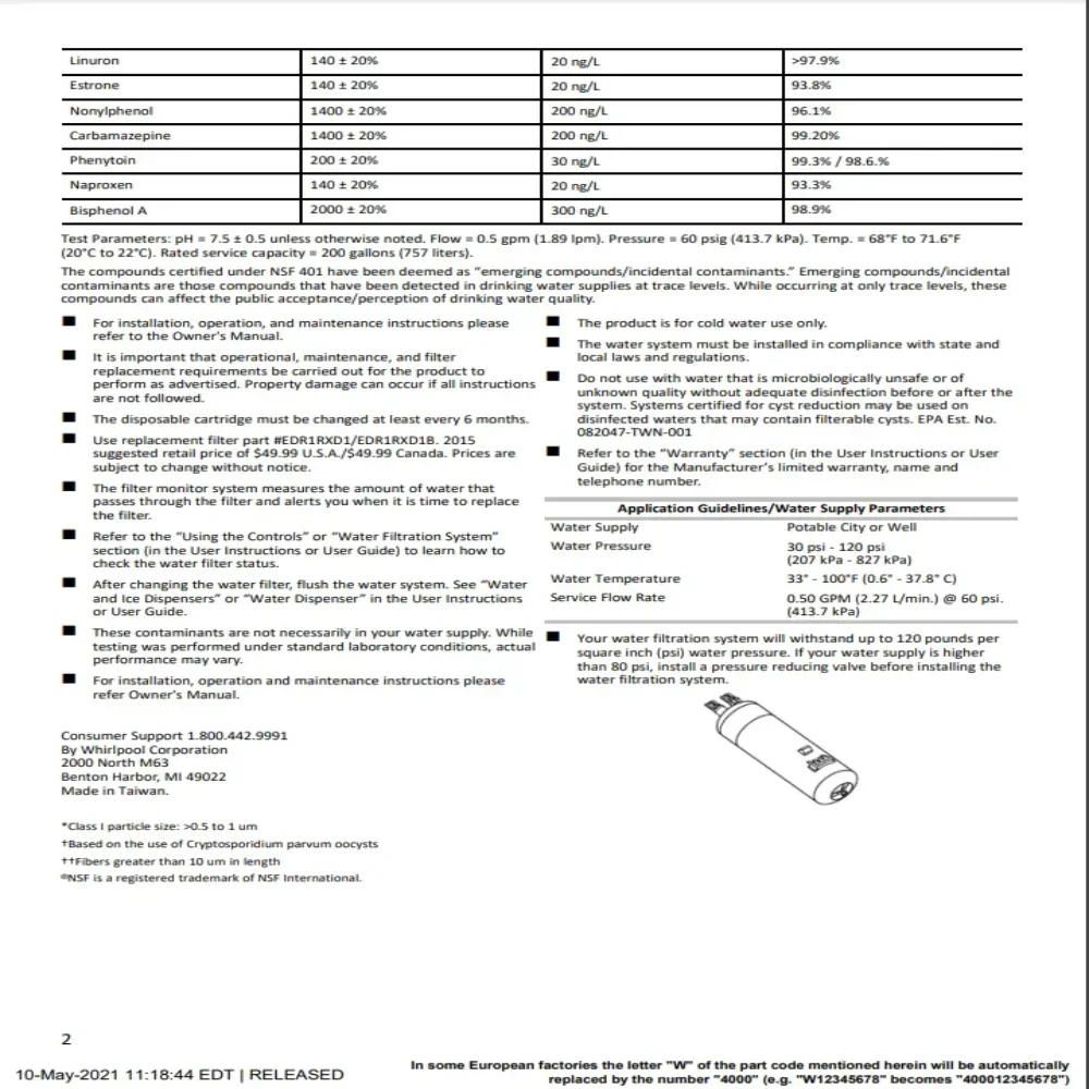 Description Picture 5 of itemWhirlpool Refrigerator Water Filter EDR1RXD1 W10295370A 9081 P8RFWB2L High Compatibility Triple Filtration