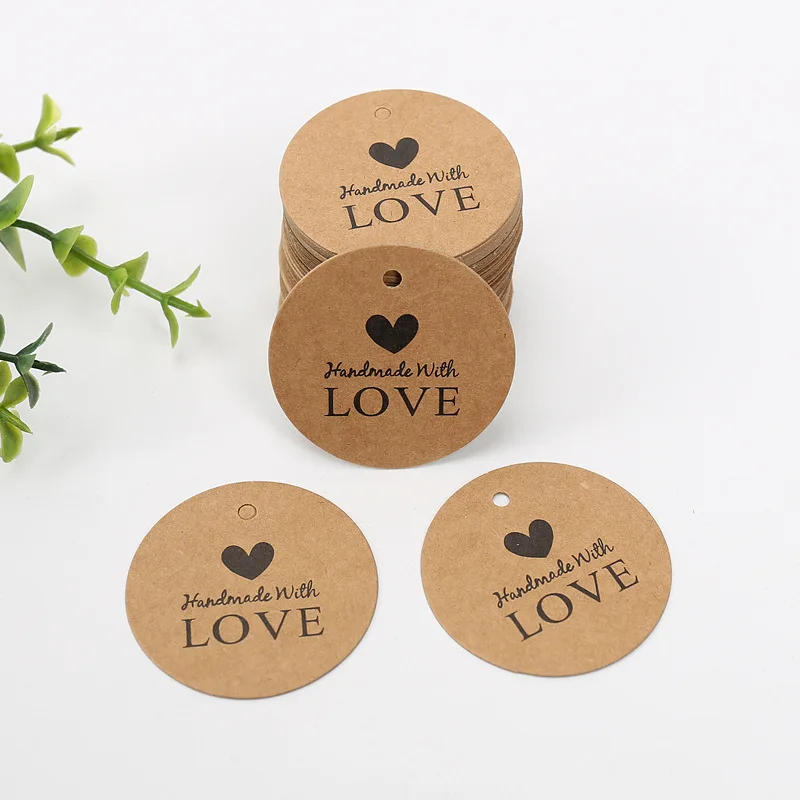 Description Picture 6 of item100pcs 4cm Round Kraft Paper Tags Thank You Merci Love Print Tag Labels Handmade Product Garment Shoes Hang Tag DIY Accessories