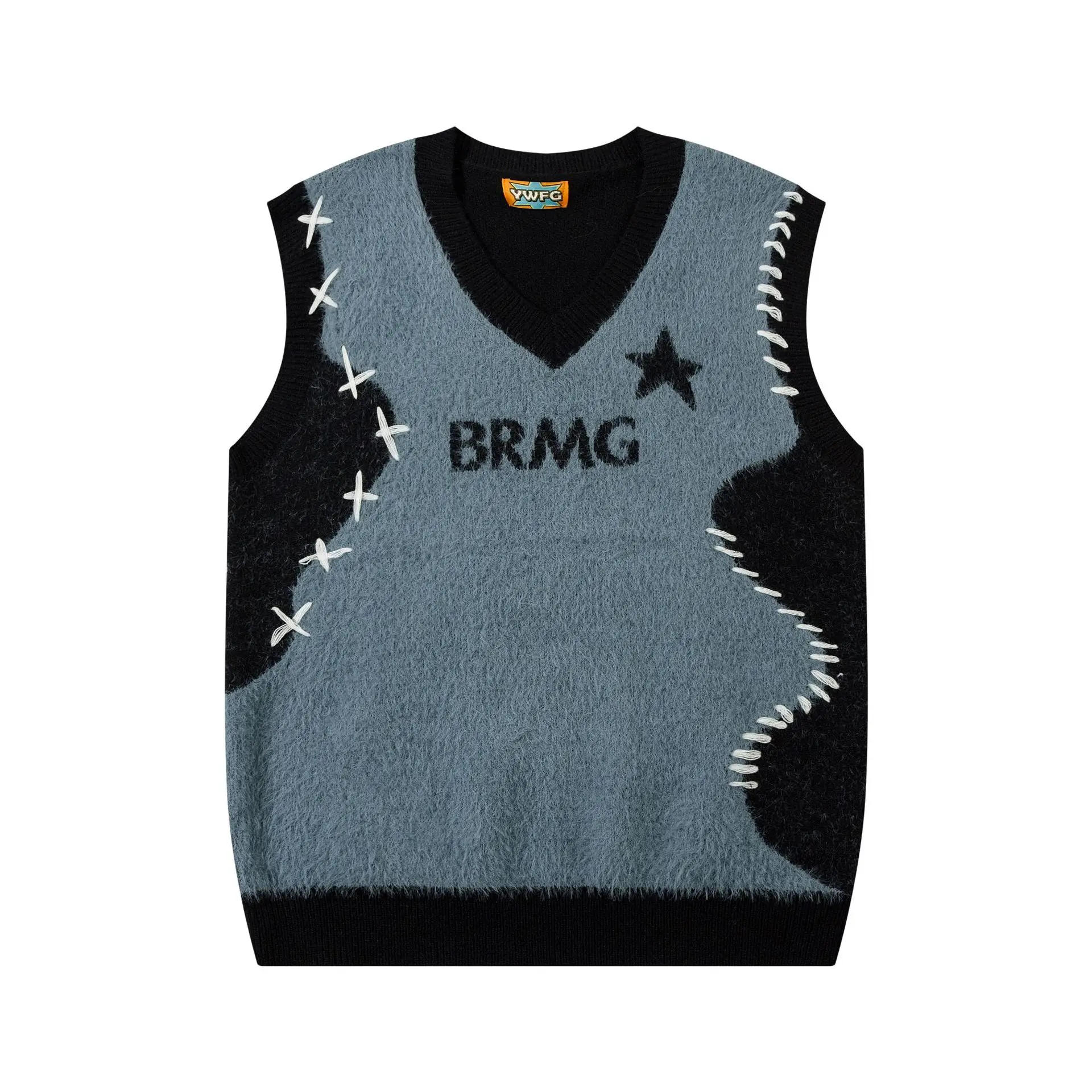 Description Picture 4 of itemAutumn Winter Sweater Vest Men Plush Patchwork Loose Sleeveless V-neck Sweaters Vest Harajuku Oversize Couple Knitwear Pullover
