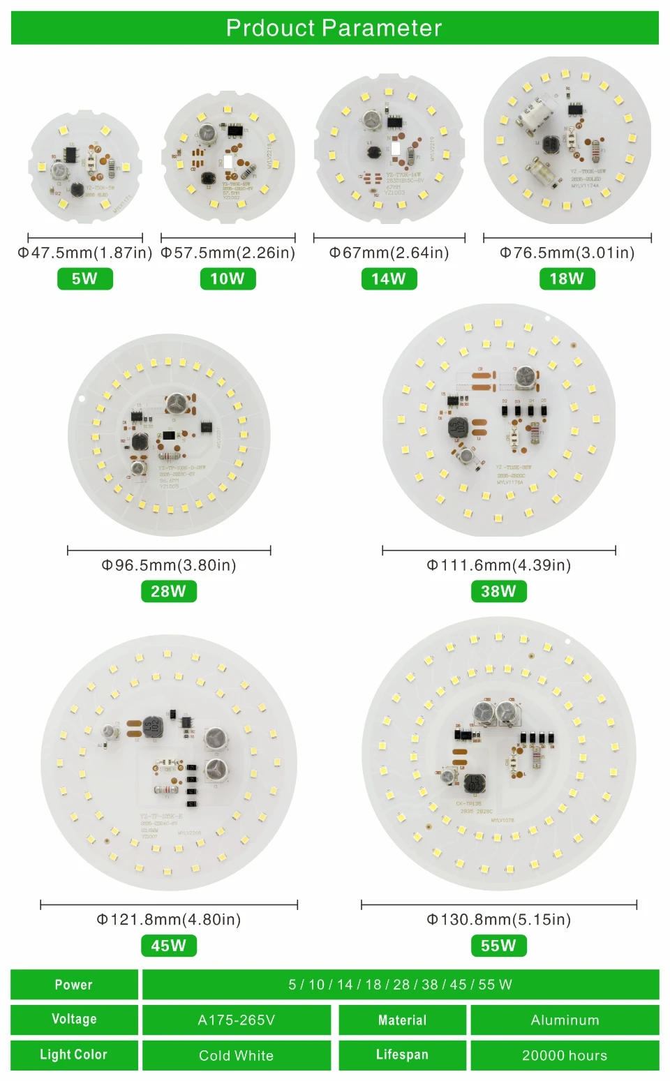 Description Picture 3 of itemLED Round Chip 55W 45W 38W 28W 18W 14W 10W 5W for Light Bulb 2835SMD DOB Light Beads AC 220V No Flicker Bulb Chips Lighting Lamp