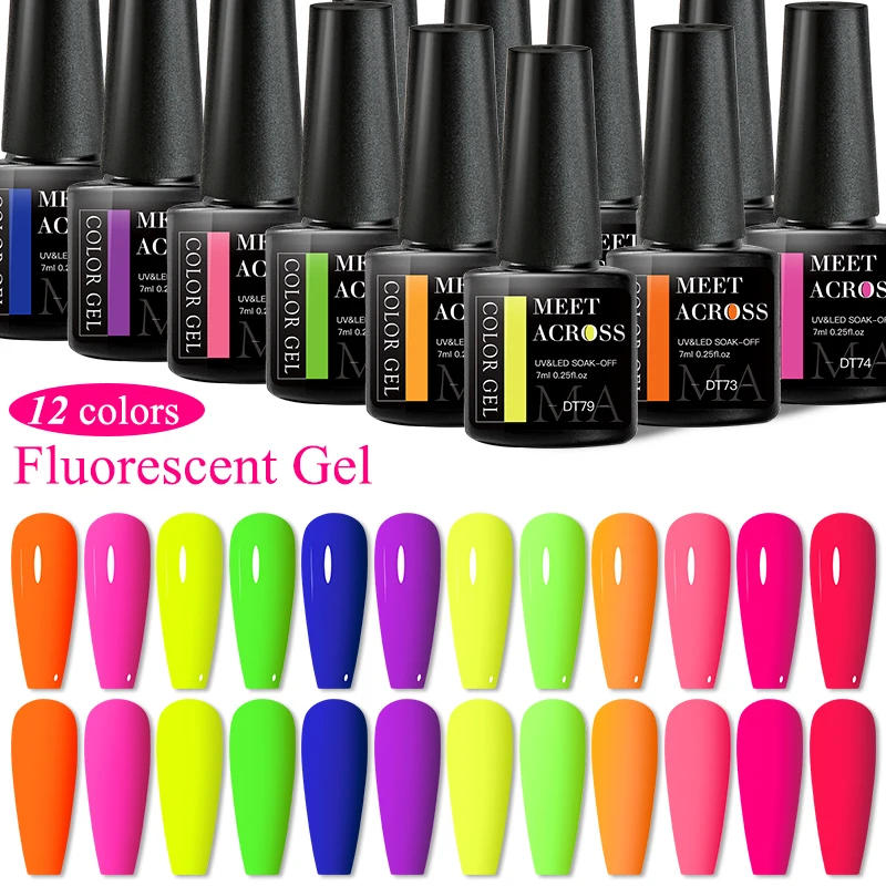 Description Picture 2 of itemMEET ACROSS 7ml Rose Red Fluorescent Gel Nail Polish Neon Sparky Semi Permanent Soak Off Nail Art UV LED Gel Varnish For Nails