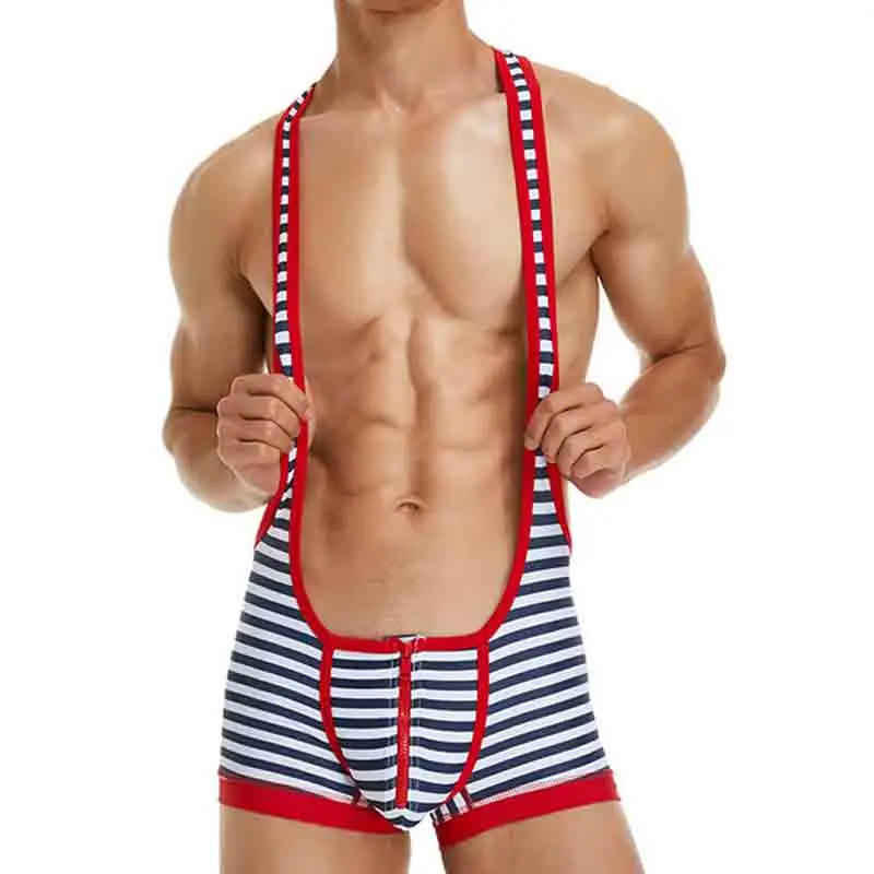 Description Picture 5 of itemStripe Undershirts Suits Sexy Men JumpSuit Exotic Super Soft Undershirt Open Butt Wrestling Singlet Breathable BodySuit Sport