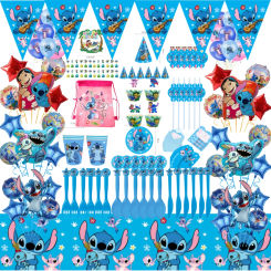 New Cartoon Stitch Theme Birthday Party Disposable Tableware Balloon Digital Baby Shower Hat Banner Candy Backpack