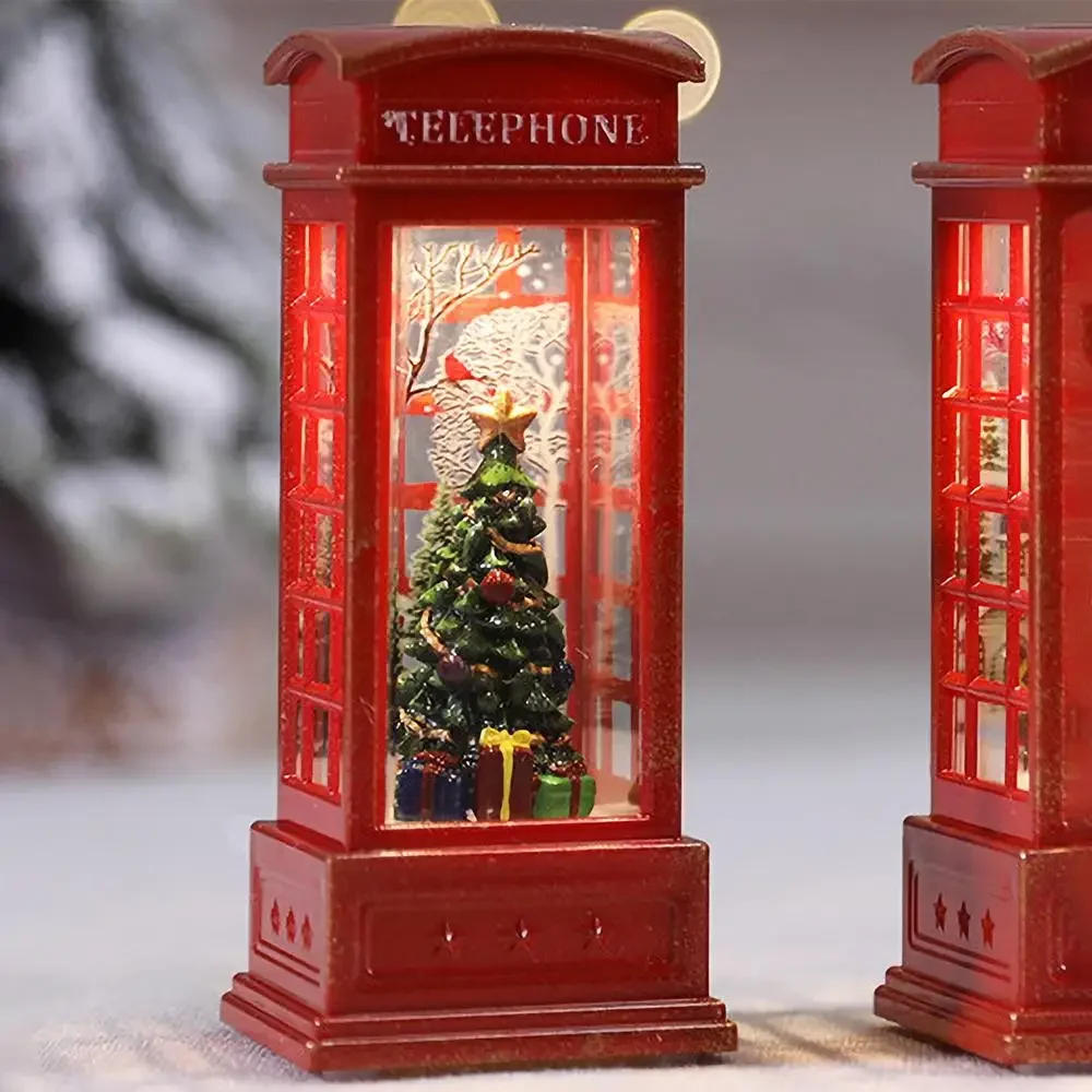 Description Picture 6 of itemChristmas Red Vintage Luminous Phone Booth Lantern Christmas Tree Snowman Santa Claus Figurine in Telephone Booth decoration