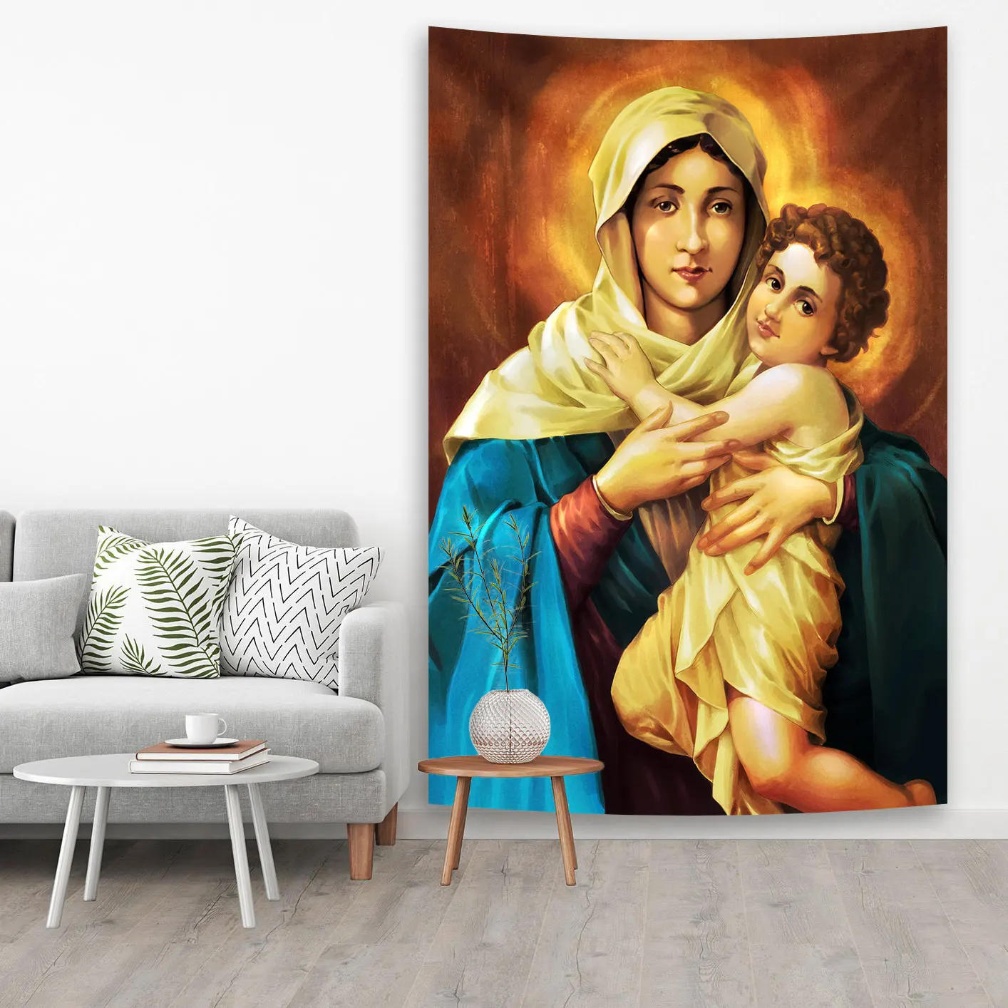 Description Picture 3 of itemQdDeco Mother Of Christian Faith Jesus Hanging Tapestries Blessed Virgin Mary Printed Wall Cloth Home Decorations