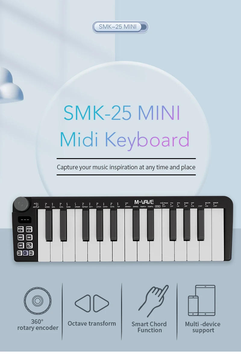 Description Picture 2 of itemM-vave SMK-25 mini MIDI musical instruments keyboard 25 velocity sensitive keys Support wireless/USB connection portable sequenc
