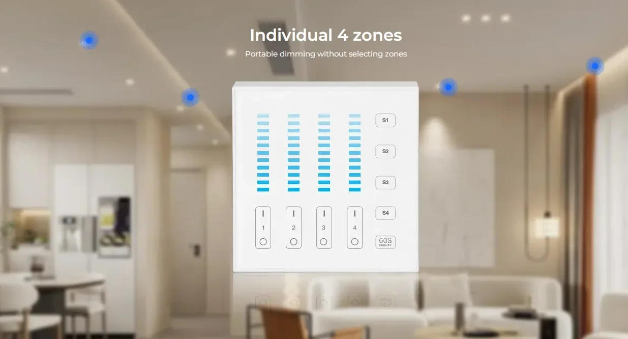 Description Picture 6 of itemMiboxer single color dimming 4-Zone Touch Panel Remote Brightness 3V use for LED light/led Controller/Triac Dimmer/Smart switch