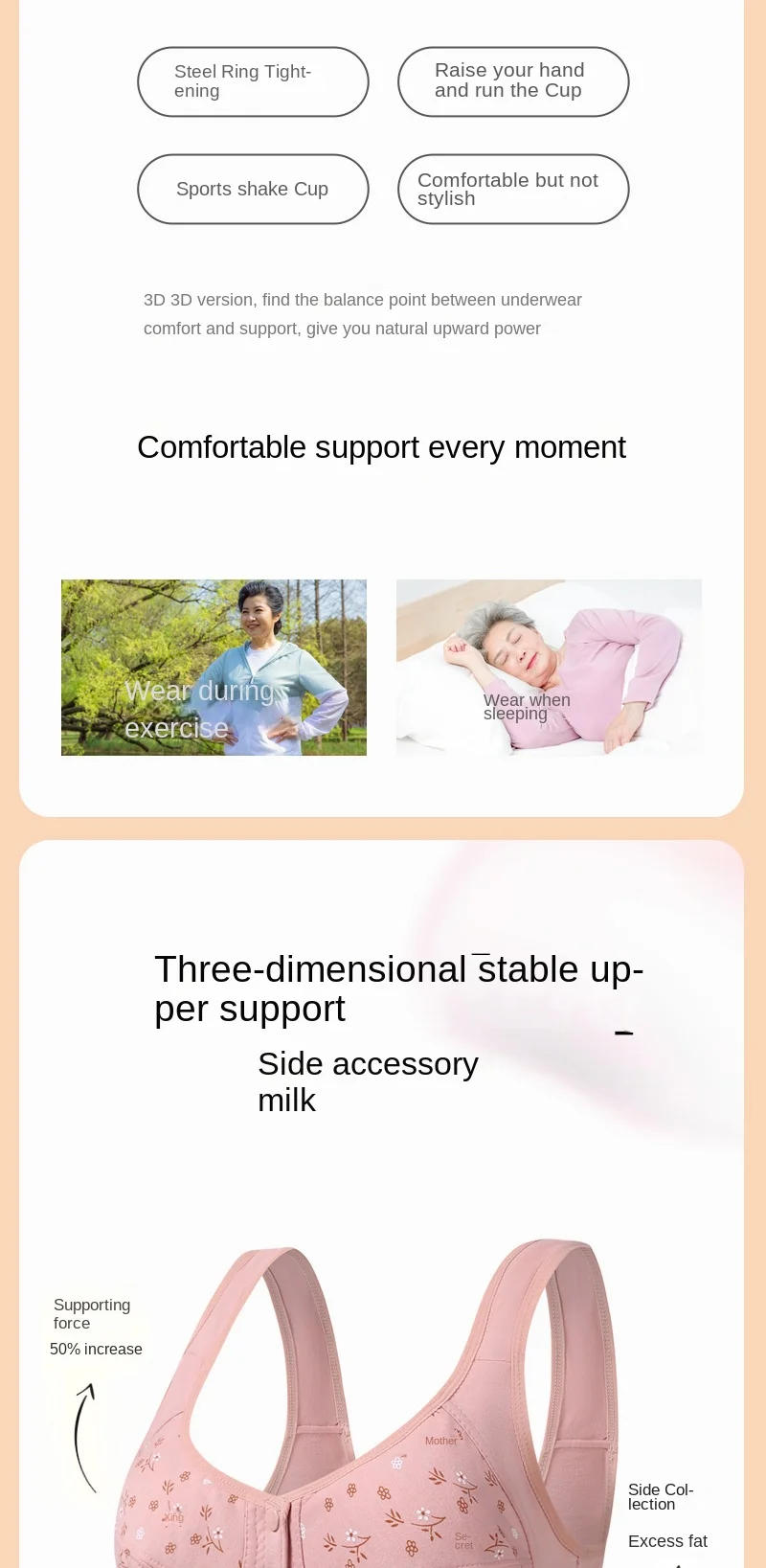 Description Picture 3 of itemPlus Size Women Soft Cotton Sports Bra Wire Free Bras Front Closure Brassiere Comfortable Thin Underwear Middle-aged Elder