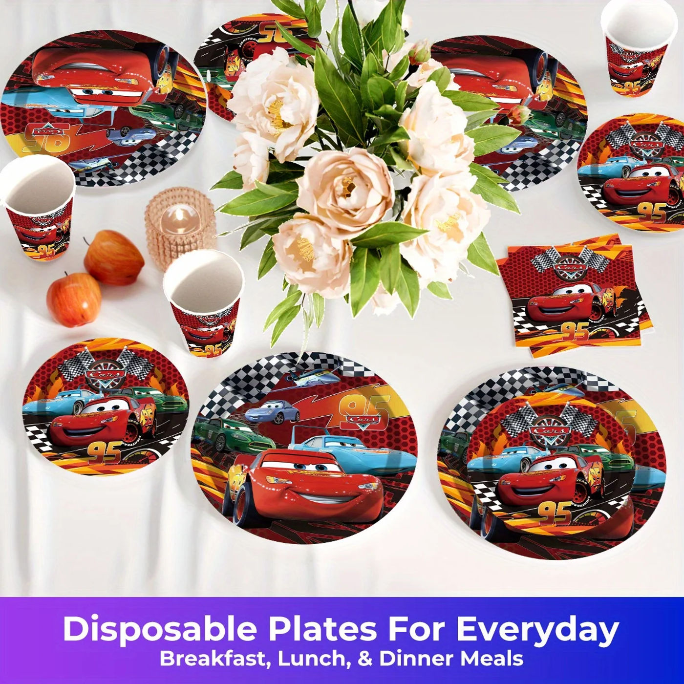 Description Picture 3 of item80 Disposable Disney Car Cutlery Set, Including 20 Plates, 20 Dessert Plates, 20 Paper Cups, and 20 Tissue Party Cutlery Set