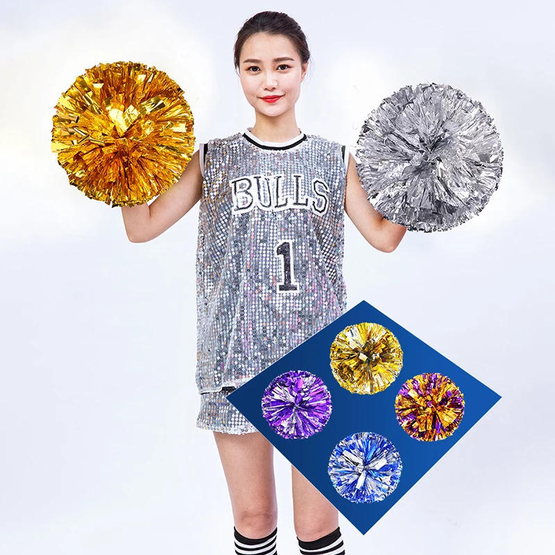 Description Picture 3 of item1Pc 25CM/30CM Plastic Double Hole Handle Cheerleader Pom Poms Metallic Streamer Club Sport Supplies Dance Party Club Decorator