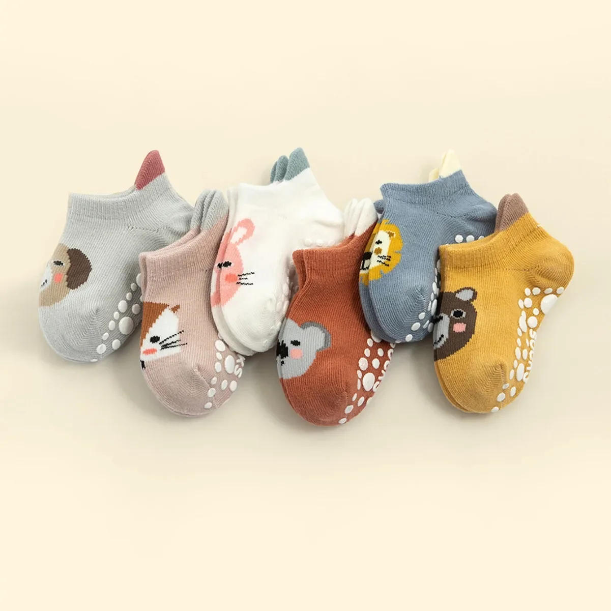 Description Picture 3 of item6 Pairs/Lot Cotton Baby Anti-slip Boat Socks for Boys Girls Low Cut Floor Kids Toddler Sock with Rubber Grips for 0-5Years
