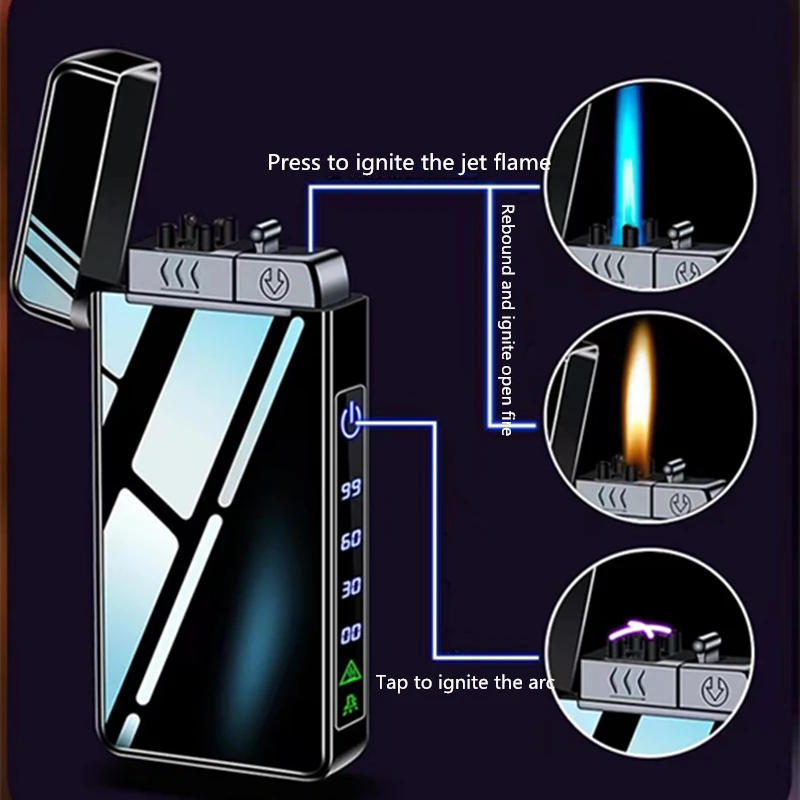 Description Picture 5 of item2023 New Windproof Metal USB Lighter Torch Lighter Jet Dual Plasma Arc Lighter Gas Electric Butane Chargeable Pipe Cigar Lighter