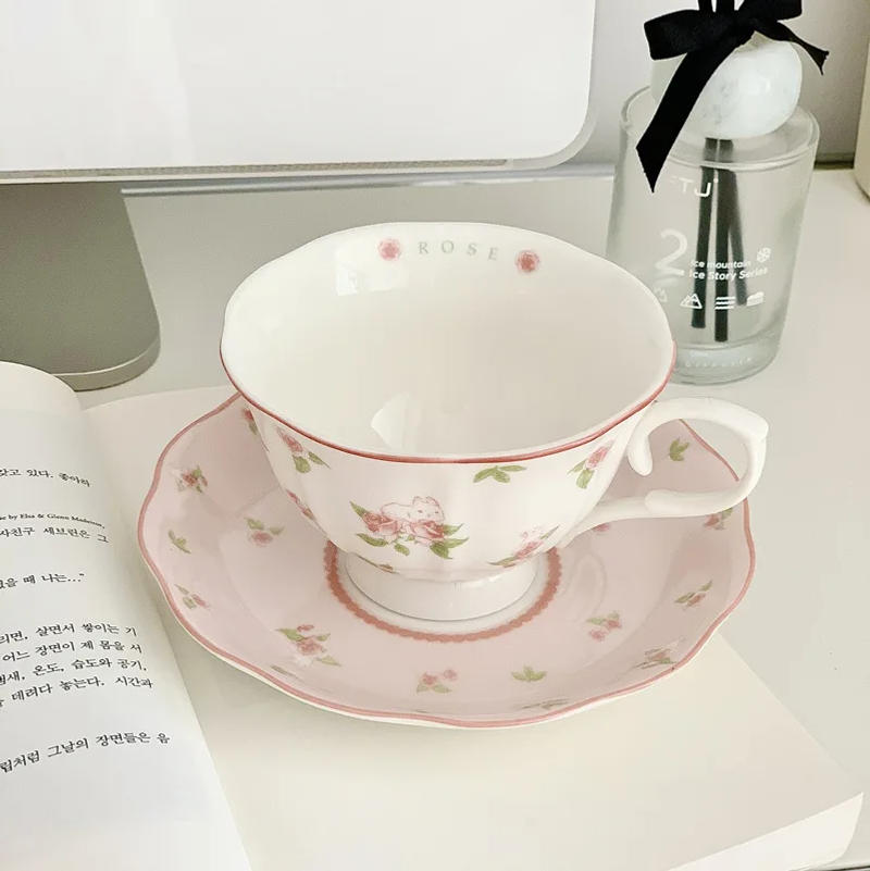 Description Picture 4 of itemFrench Pink Rabbit Print Vintage Coffee Cup and Saucer Set Ceramic Cup Cute Girls' Afternoon Tea Dim & Saucer
