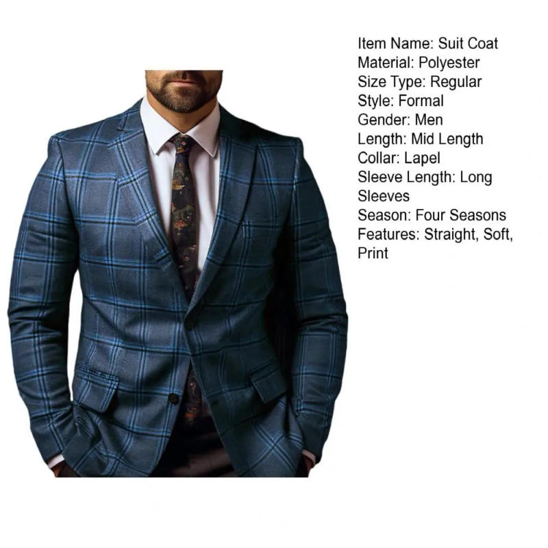 Description Picture 4 of itemMen Slim Fit Suit Jacket Plaid Print Men's Slim Fit Suit Coat Formal Business Style Single Button Closure Mid Length for Work