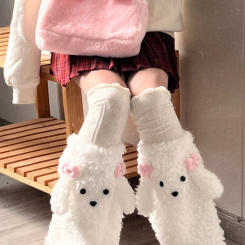 2025 Harajuku Women Lamb Wool Kawaii Dog Leg Warmers Japanese Preppy Style Socks Cute Bow Student Long Winter Foot Y2k Aesthetic