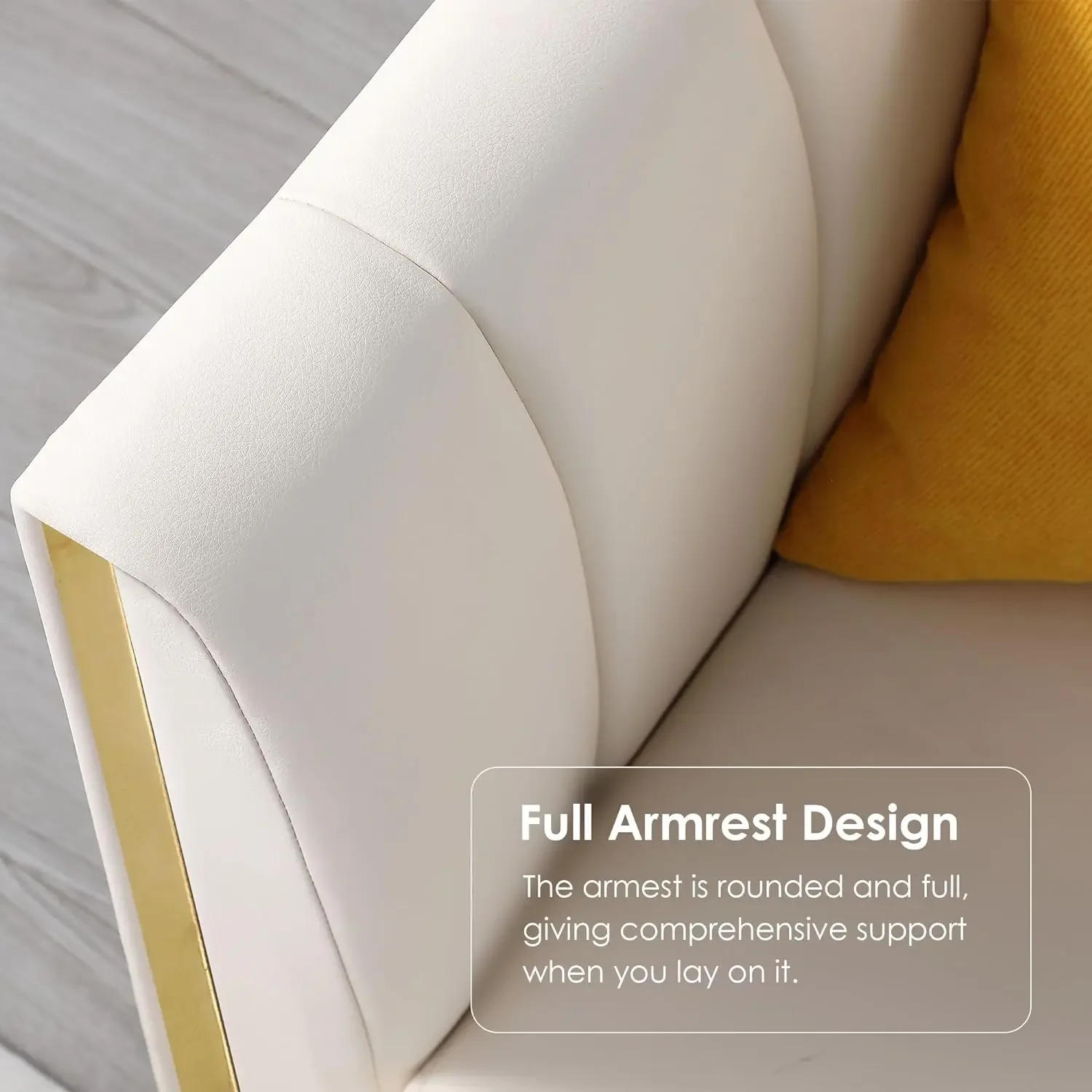 Description Picture 4 of item78'' Sofa, Modern White Couches for Living Room, Comfy, Faux Leather Sofa 3 Seater Sofa with 2 Throw Pillows and Gold Metal Legs