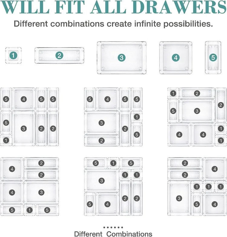 Description Picture 4 of itemClear Plastic Drawer Organizers Desk Dividers Bins Home Dresser Office Kitchen Drawer Separator Makeup Jewelry Organization Gadg