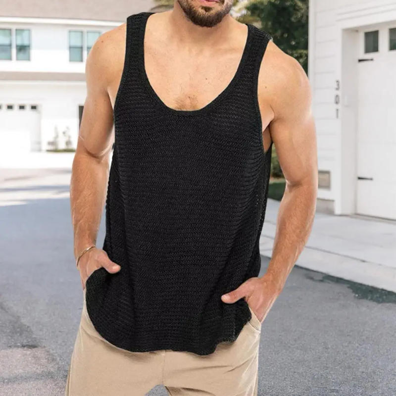 Description Picture 4 of itemMen Sweater Vest Men's Summer Knitted O-neck Top Loose Fit Solid Color Vest for Streetwear Stretchy Pullover Tank Knitted Men