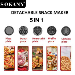 5-in-1 Mini Electric Donut Waffle Maker with Non Stick Heart-shaped Egg Foam Cake Baking Tray Suitable for Families and Children