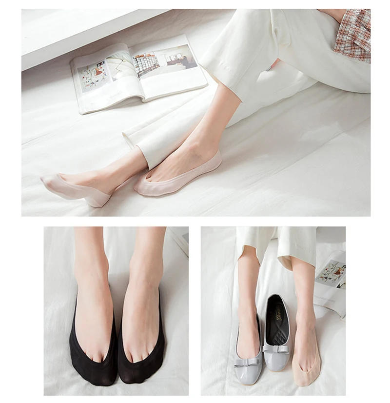 Description Picture 3 of item5pairs Silicone Anti-slip Invisible No Show Socks Summer Ultra-thin Breathable Sock Shoe Slippers Ice Silk Low Cut Boat Socks