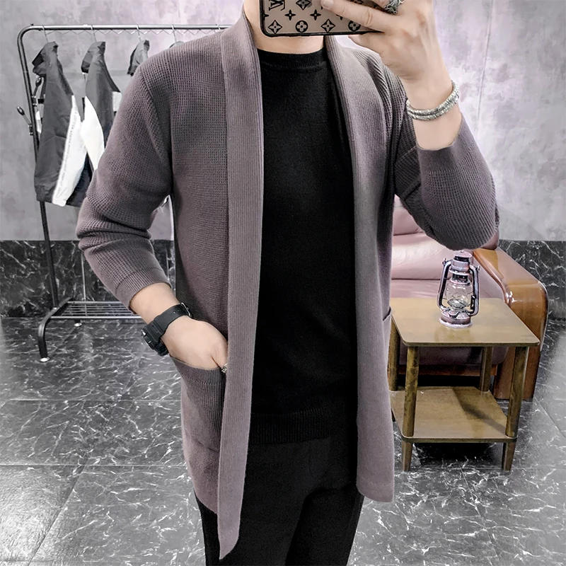 Description Picture 4 of itemNew Mid Length Cardigan Men Spring Autumn Kintted Mens Sweatercoat Fashion Slim Casual Solid Color Knitting Cardigan Outerwear