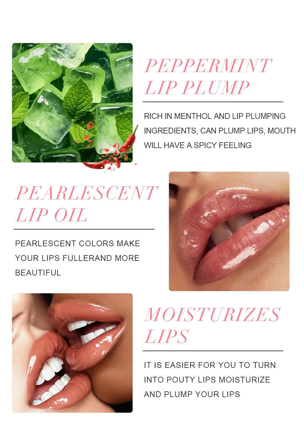 Description Picture 5 of itemShine Crystal Volume Lip Oil Plumping Pearl Gloss Pink Blue Hydrating Transparent Jelly Lip Gloss Serum Lip Care Makeup Cosmetic