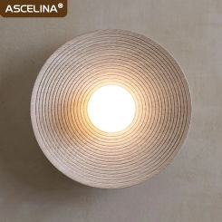 Retro Resin Wall Lamp Round Wood Grain Decoration Lighting Living Room Background Wall Hallway Bedside Nordic Home Indoor Sconce