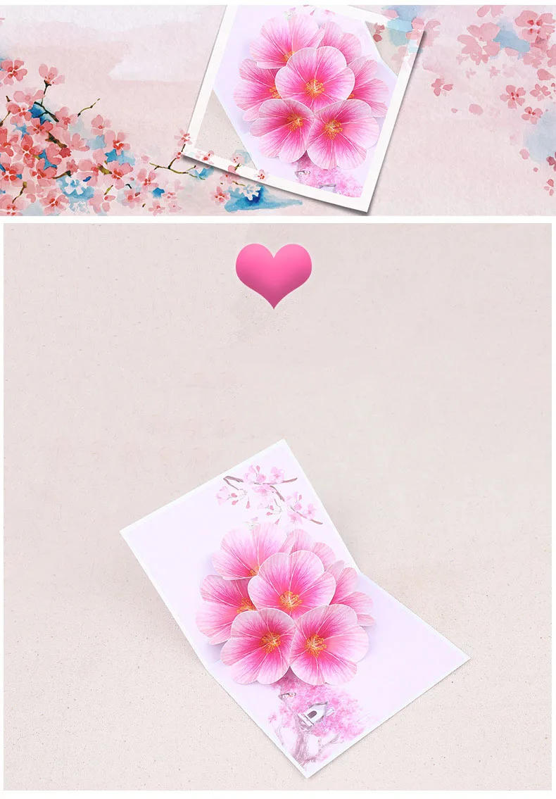 Description Picture 5 of itemPop up 3D greeting card peach blossom blooming card Valentine's Day color printing thank you blessings gifts wedding invitation