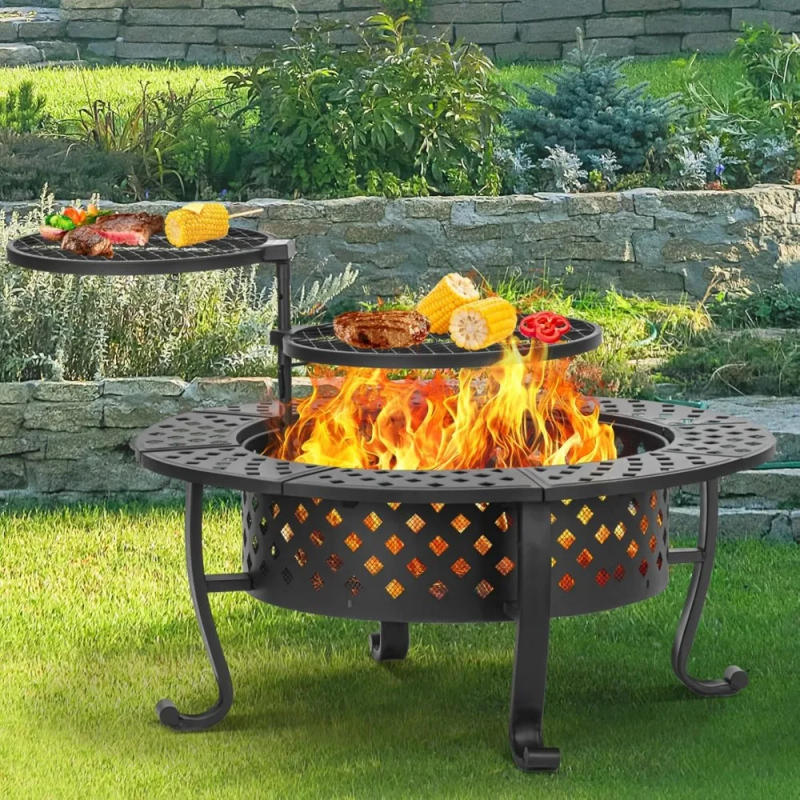 Description Picture 2 of item42 Inch Fire Pit with 2 BBQ Grills, Wood Burning Fire Pits for Outside with Lid Fire Poker, BBQ Outdoor Firepit Round Metal