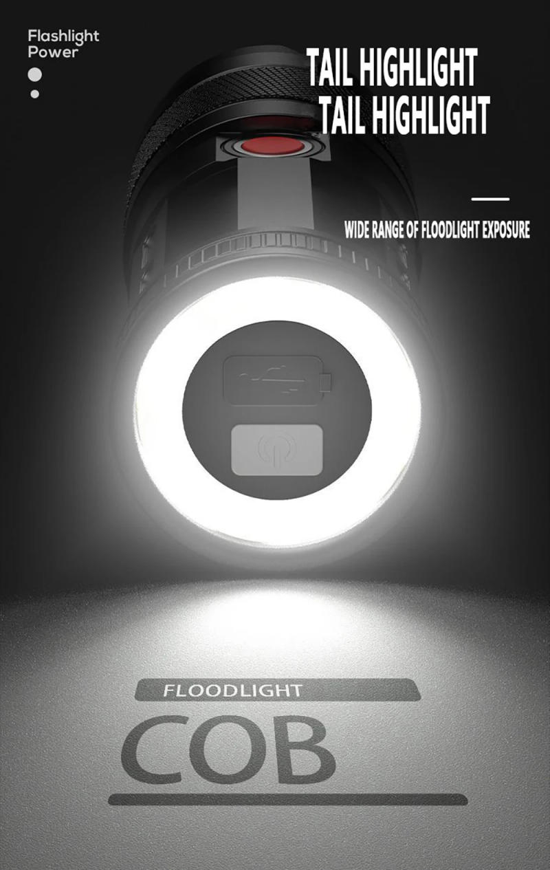 Description Picture 3 of itemPowerful Long Range LED Flashlight Camping Torch Telescopic Zoom With Tail COB Floodlight Multiple Lighting Modes