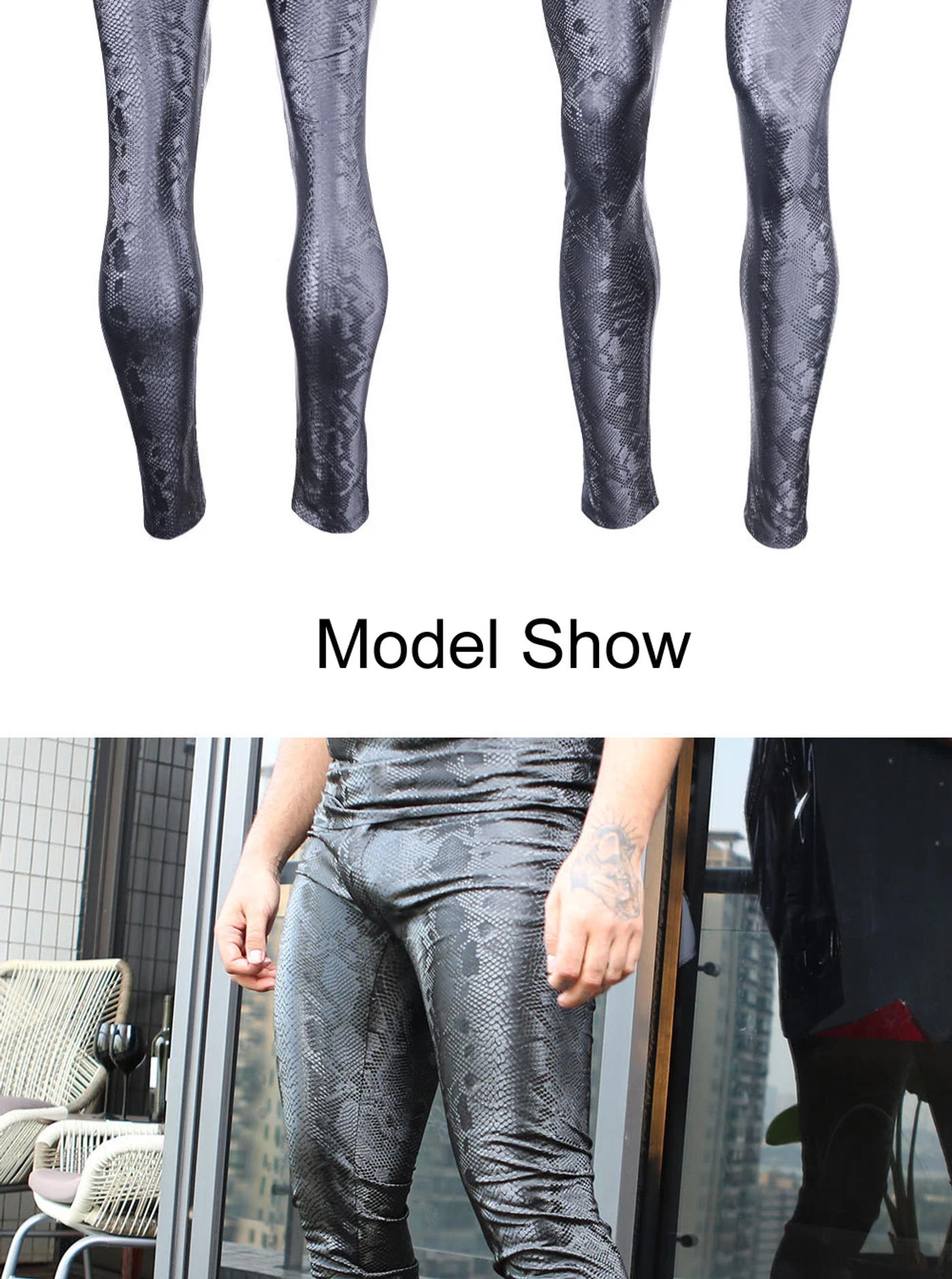 Description Picture 6 of itemMen Snake Skin Texture PU Leather Lining Fleeces Skinny Bottoms Pencil Pants Velvet Legging Warm Motorcycle Punk Casual Trousers