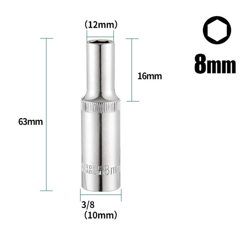 Description Picture 6 of item3/8inch Deep Socket Adapter Chrome Vanadium Steel Hex Long Sleeve Wrench Heads 8-24mm Ratchet Wrench Adapter