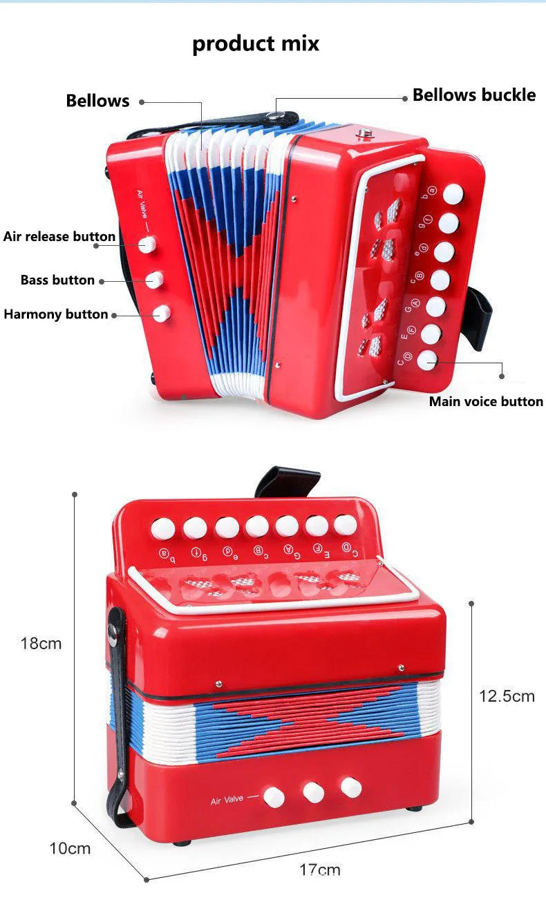 Description Picture 4 of itemOrgan 7 Keys, 2 Bass Children's Accordions, Adult Beginners' Puzzle, Small Instrument Early Education  Instrumento Musical