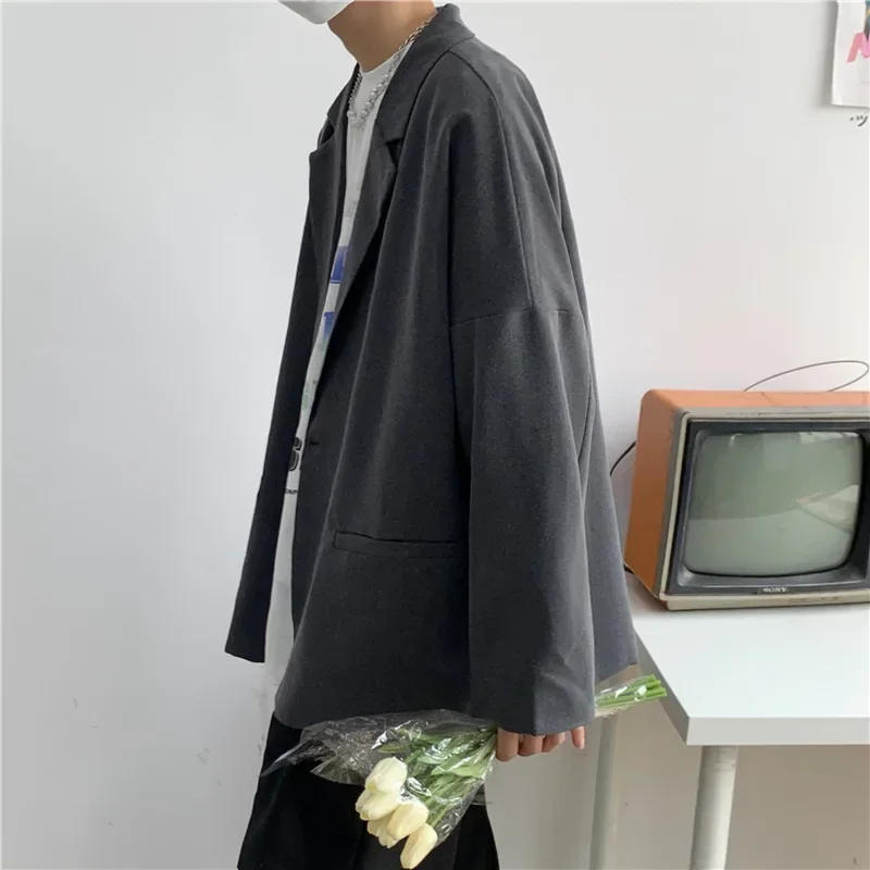 Description Picture 5 of itemVintage Blazers Men Single Button Hongkong Style Streetwear Fashion Simple Solid Suits Outwear Autumn Slouchy Casual Loose Bf