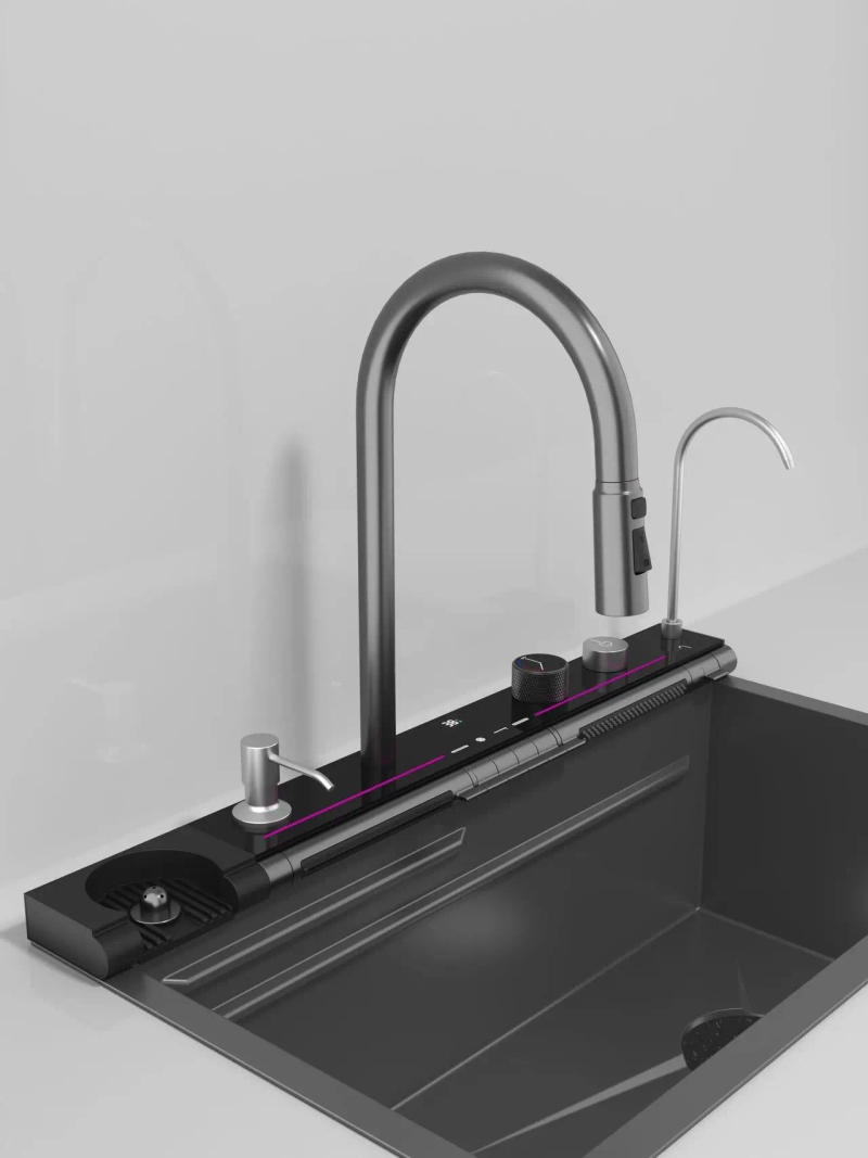 Description Picture 4 of itemStainless Steel Kitchen Waterfall Sink Embossed Digital Display Large Single Slot All-in-one Faucet Multi-functional Wash Bain