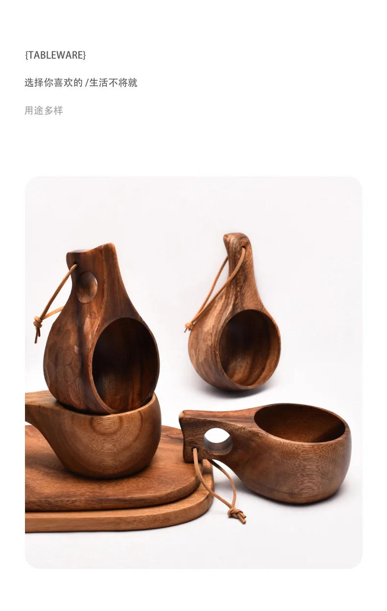 Description Picture 3 of itemHandmade Wooden Milk Cup Acacia Wood Coffee Mugs Tasse with Carrying Rope Handle Camping Drinkware Cups Artifact Kitchen Tools
