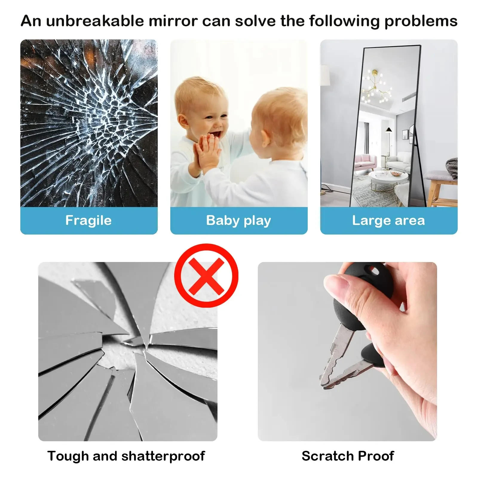 Description Picture 3 of itemHD Anti Fog Wall Mirror Sticker DIY Full Length Mirror Tiles Self Adhesive Shatterproof Non Glass Safety Mirror Sheets 2MM Thick