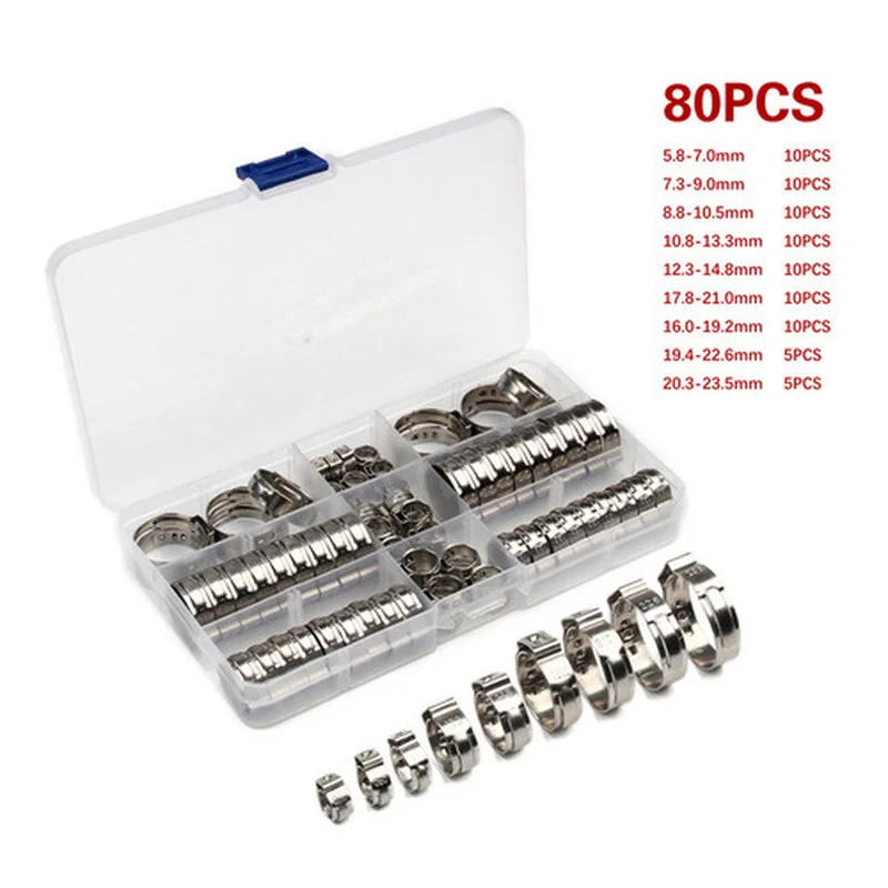Description Picture 2 of item80pcs Stainless Steel Ear Stepless Clamp Worm Drive Fuel Water Hose Pipe Clamps Clips Cinch Clamp Rings Crimping Tool Kit