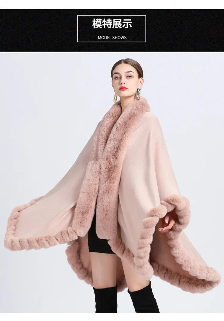 Description Picture 3 of item12 Colors Women Big Faux Rabbit Fur Neck Winter Shawl Cloak Thick Warm Long Out Streetwear Big Pendulum Poncho Capes Loose Coat