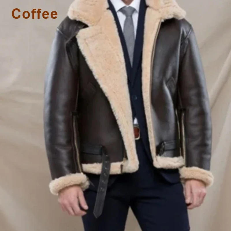 Description Picture 5 of itemMen's Faux Leather Classic Brown Black Bomber Jacket Winter Shearling Sheepskin Coat Men's Leather Biker Jacket Large Size