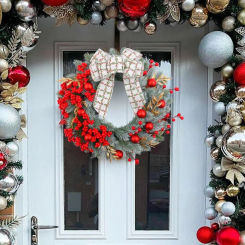 38cm Artificial Christmas Wreath with Berries Bow Simulation Christmas Red Fruit Wreath Large Handmade