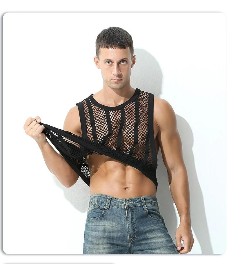 Description Picture 6 of itemSummer Mesh Split Men's Vest Youth Sexy Solid Color Casual Breathable Round Neck Sports Loose Top Sense of Design Fashion Vest