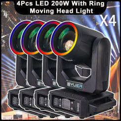 4Pcs 200W LED Moving Head Light With Ring Beam Gobo 18 Prism Rainbow Effect Stage lights DMX DJ Disco Club Music Show Bar Light
