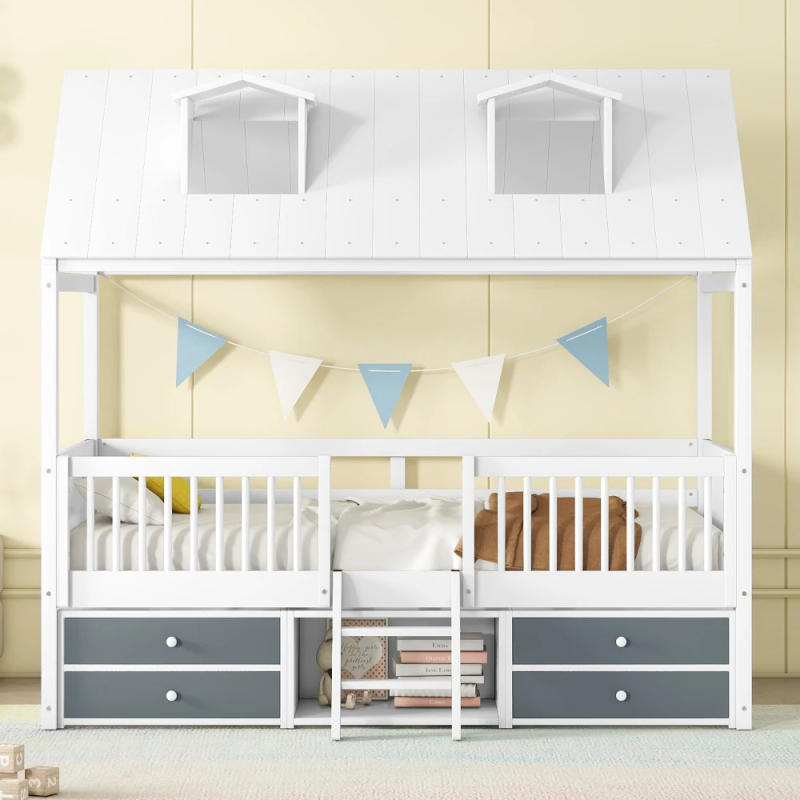 Description Picture 3 of itemTwin Size Wood Bed House Bed Frame,Gray